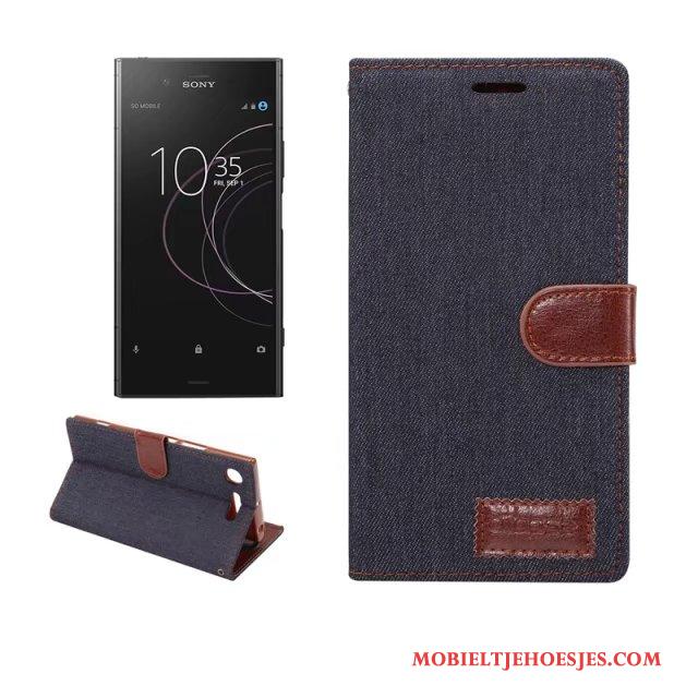 Sony Xperia Xz1 Bescherming Lichtblauw Denim Leren Etui Hoes Hoesje Telefoon Mobiele Telefoon