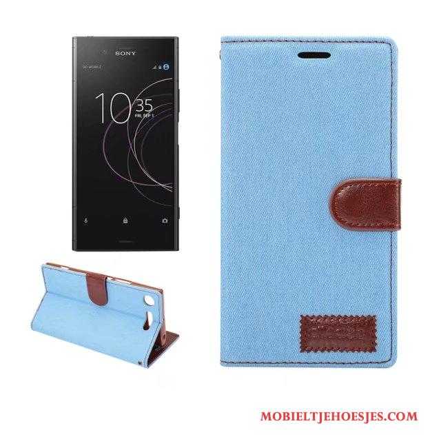 Sony Xperia Xz1 Bescherming Lichtblauw Denim Leren Etui Hoes Hoesje Telefoon Mobiele Telefoon