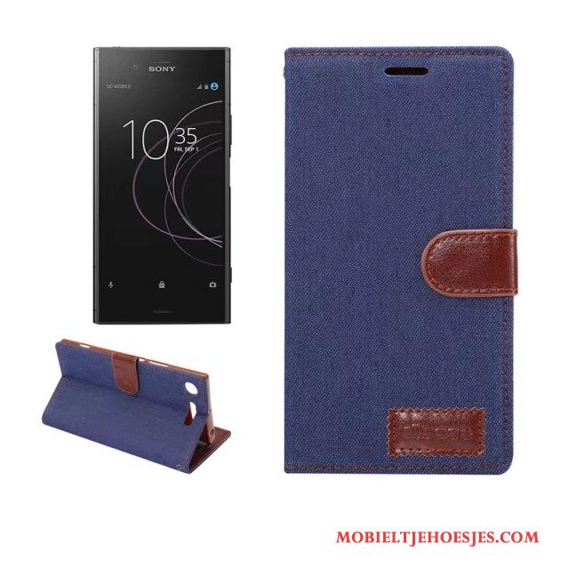 Sony Xperia Xz1 Bescherming Lichtblauw Denim Leren Etui Hoes Hoesje Telefoon Mobiele Telefoon