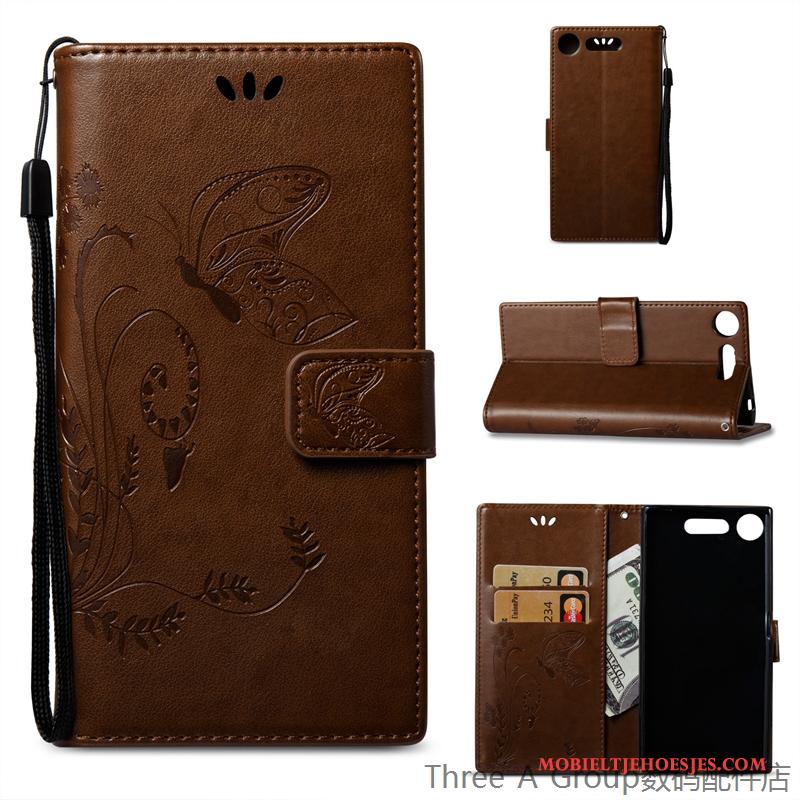 Sony Xperia Xz1 Leren Etui Bescherming Kaart Anti-fall Hoes Rood Hoesje