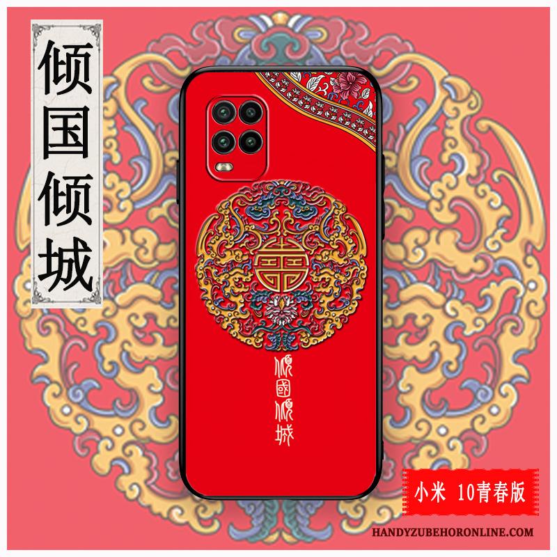 Xiaomi Mi 10 Lite Hoesje Anti-fall Rood Chinese Stijl Reliëf Pas Dun Jeugd