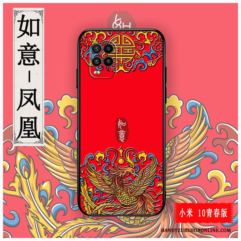 Xiaomi Mi 10 Lite Hoesje Anti-fall Rood Chinese Stijl Reliëf Pas Dun Jeugd