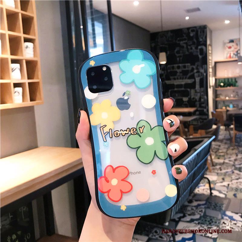 iPhone 11 Pro Max Bloemen Anti-fall Hoesje Telefoon Blauw Bescherming Mini Spiegel