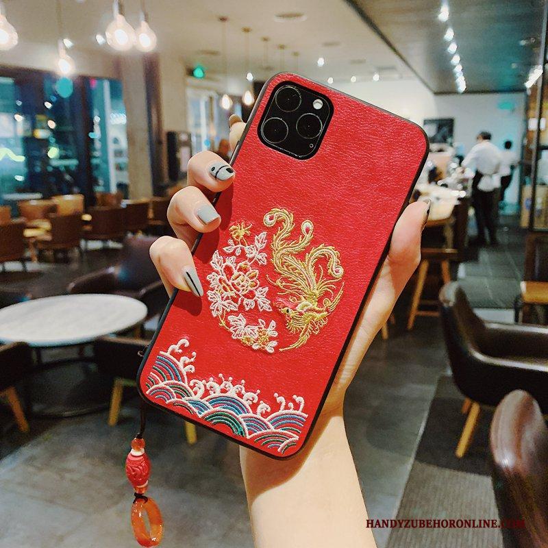 iPhone 11 Pro Max Hoesje Leer Rood Chinese Stijl Zacht Borduurwerk Patroon Lovers