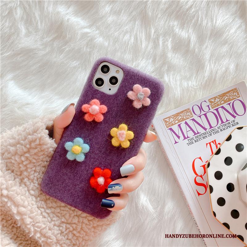 iPhone 11 Pro Max Persoonlijk Wind Bescherming Hoesje Telefoon Pluche Bloemen Purper