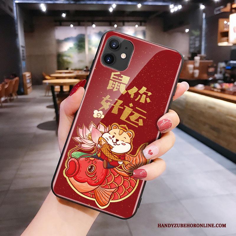 iPhone 11 Siliconen Glas Net Red Spotprent Rood Rat Hoesje Telefoon