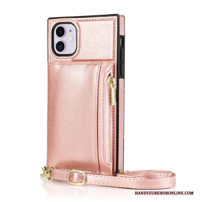 iPhone 12 Kaart Hoesje Telefoon Portemonnee Roze Hanger Leren Etui