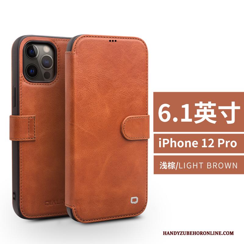 iPhone 12 Pro Hoesje Bescherming Leren Etui Folio Kaart Anti-fall Hoes Echt Leer