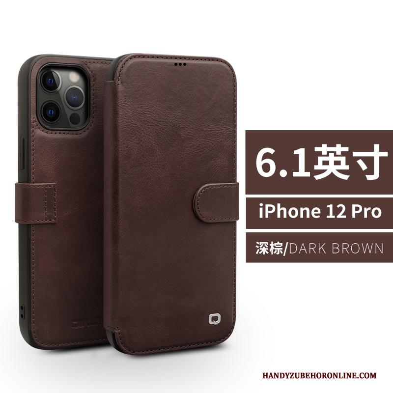 iPhone 12 Pro Hoesje Bescherming Leren Etui Folio Kaart Anti-fall Hoes Echt Leer