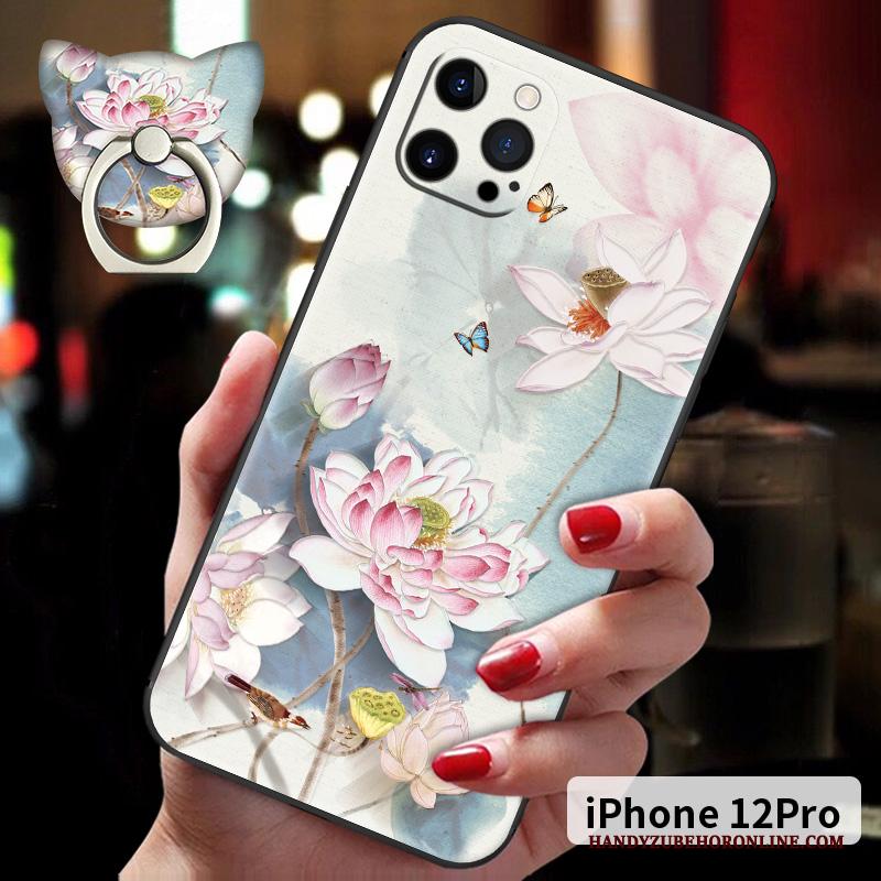 iPhone 12 Pro Hoesje Reliëf Nieuw Chinese Stijl Hanger Siliconen Roze