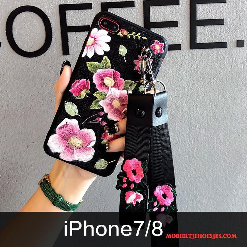 iPhone 7 Hoesje Reliëf Hanger Nieuw Bloemen Siliconen Borduurwerk Zwart