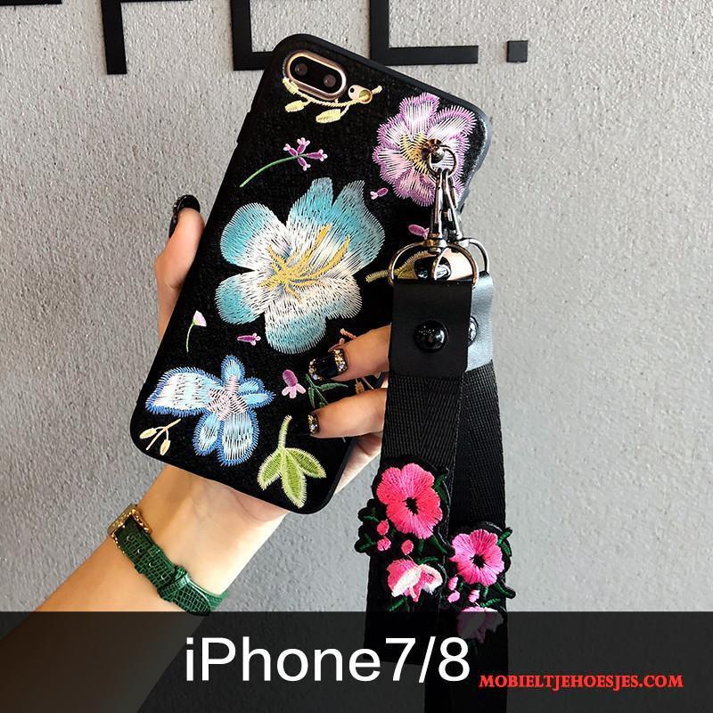 iPhone 7 Hoesje Reliëf Hanger Nieuw Bloemen Siliconen Borduurwerk Zwart