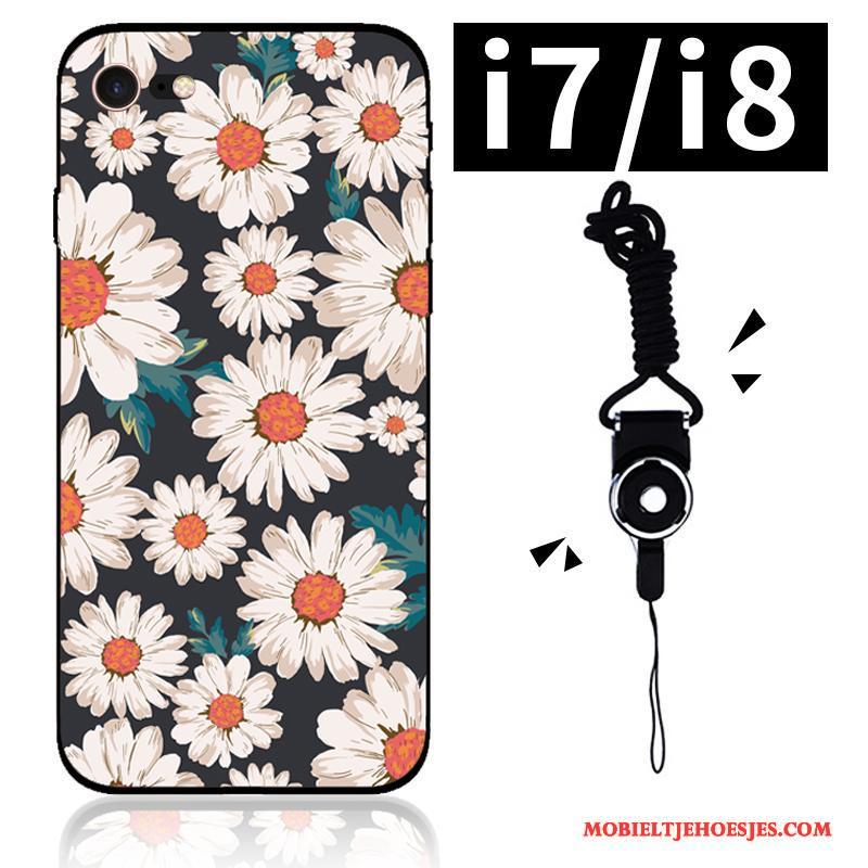 iPhone 7 Kunst Hoesje Zwart Telefoon Bloemen Siliconen Zacht