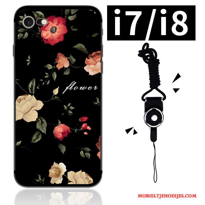 iPhone 7 Kunst Hoesje Zwart Telefoon Bloemen Siliconen Zacht