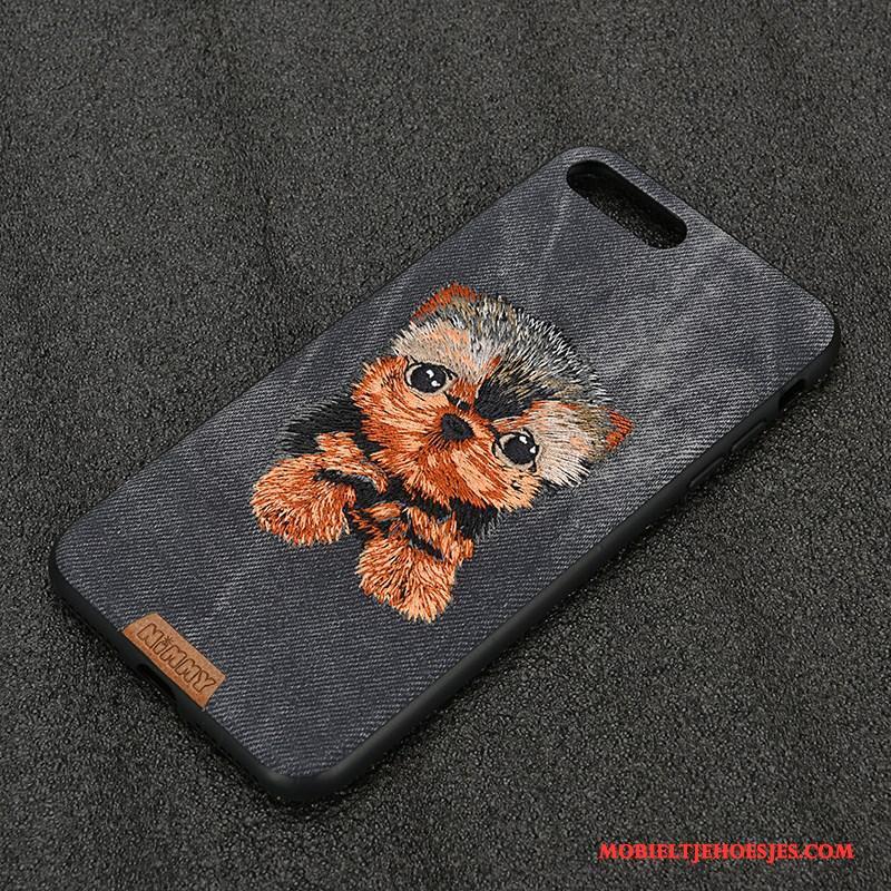 iPhone 7 Plus Siliconen Denim Borduurwerk Geel Hoesje Telefoon Hond All Inclusive