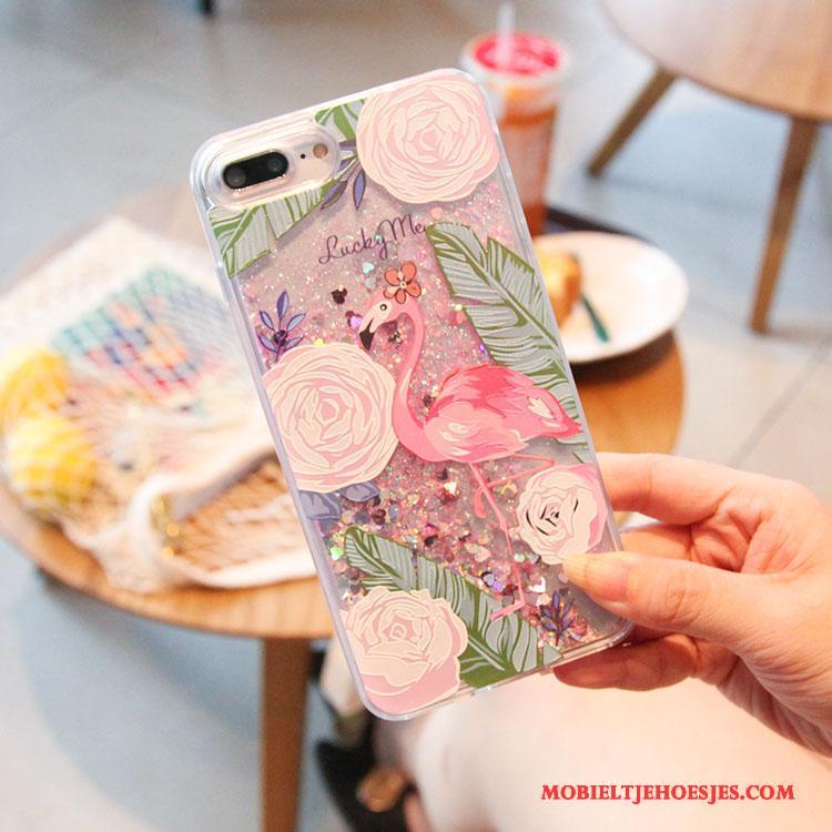 iPhone 7 Plus Vogel Hoesje Telefoon Roze Drijfzand Bloemen Vloeistof