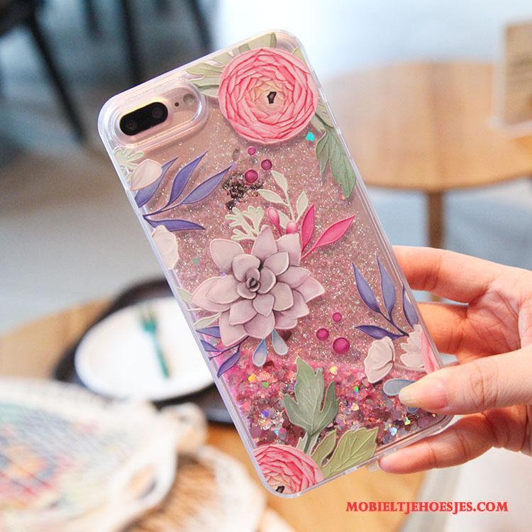 iPhone 7 Roze Vogel Hoesje Telefoon Blauw Drijfzand Vloeistof Bloemen