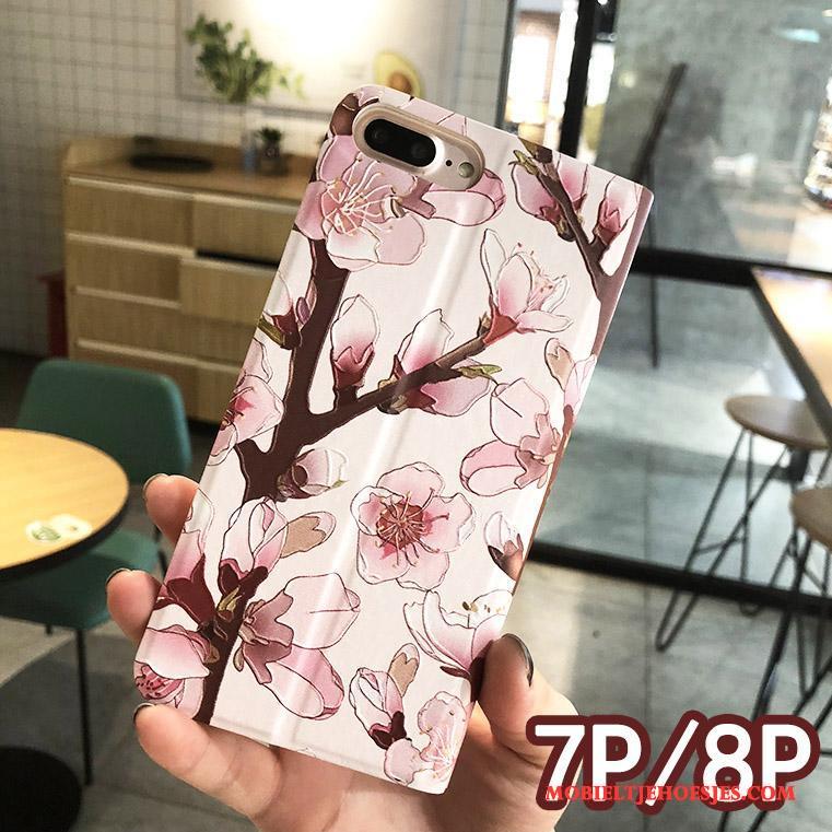 iPhone 8 Plus Hoesje Scheppend Folio Bloemen Bescherming Leren Etui Hoes Reliëf