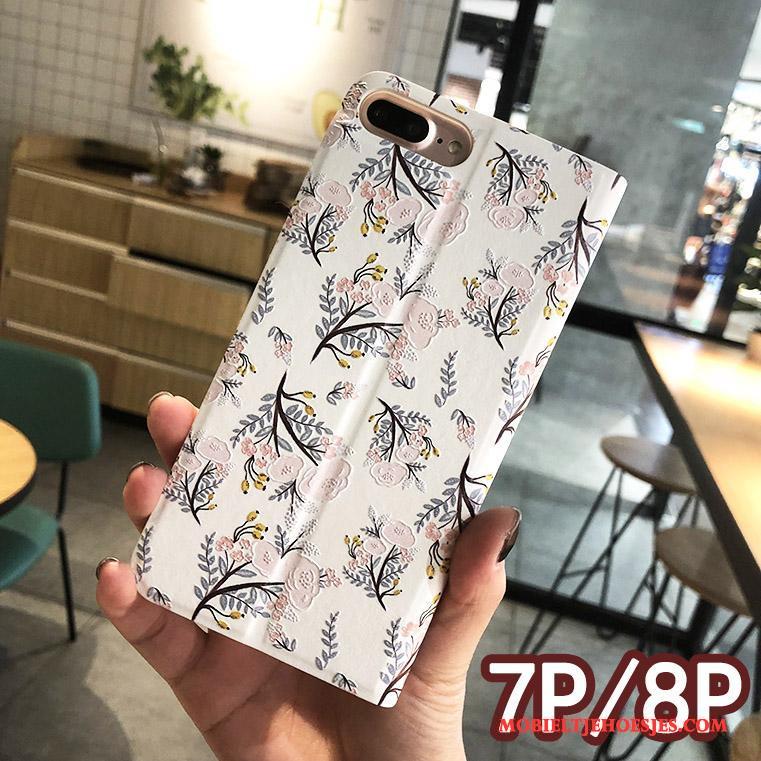 iPhone 8 Plus Hoesje Scheppend Folio Bloemen Bescherming Leren Etui Hoes Reliëf