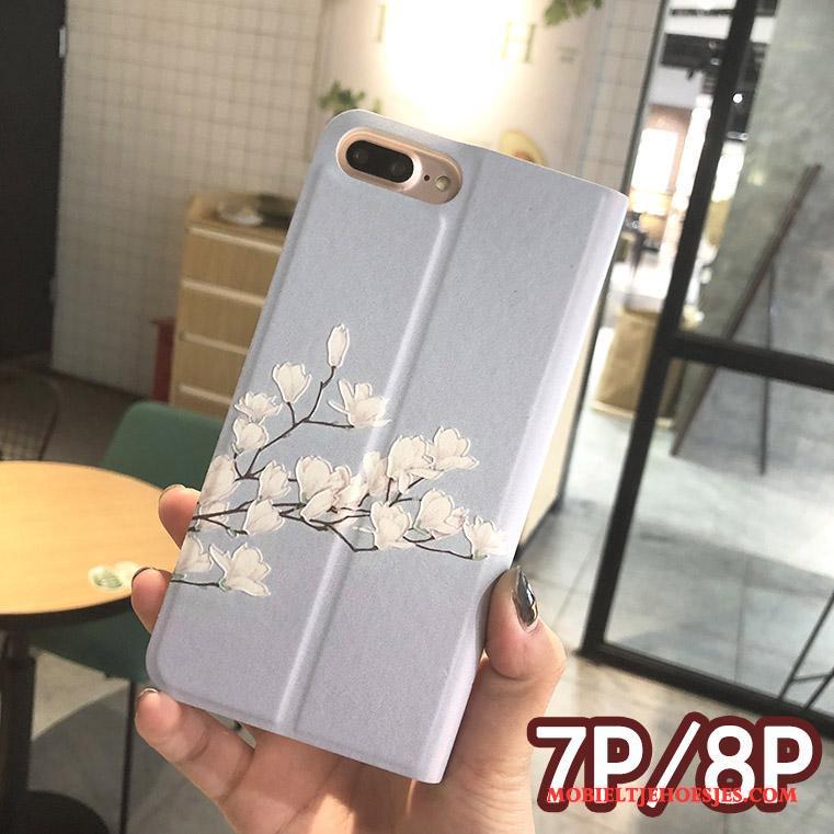 iPhone 8 Plus Hoesje Scheppend Folio Bloemen Bescherming Leren Etui Hoes Reliëf