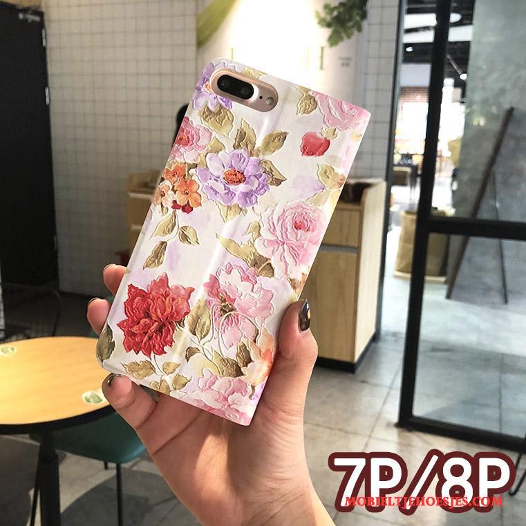 iPhone 8 Plus Hoesje Scheppend Folio Bloemen Bescherming Leren Etui Hoes Reliëf