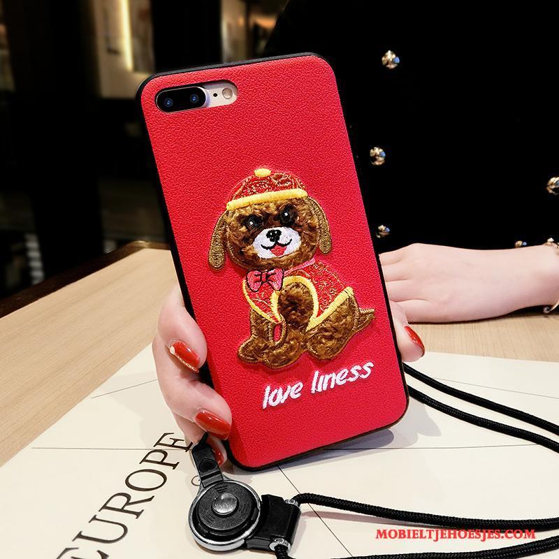 iPhone 8 Plus Rood Hoesje Telefoon Net Red Borduurwerk Trendy Merk Hond