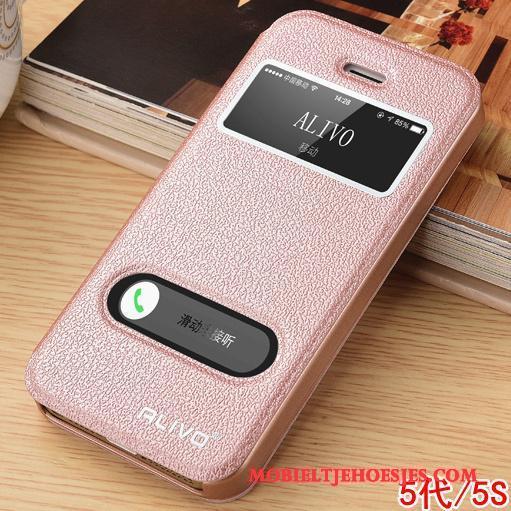 iPhone Se Bescherming Rose Goud Anti-fall Hoesje Clamshell Leren Etui Telefoon