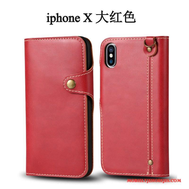 iPhone X Bescherming Leren Etui Hoesje Telefoon Hanger Rood Anti-fall Clamshell