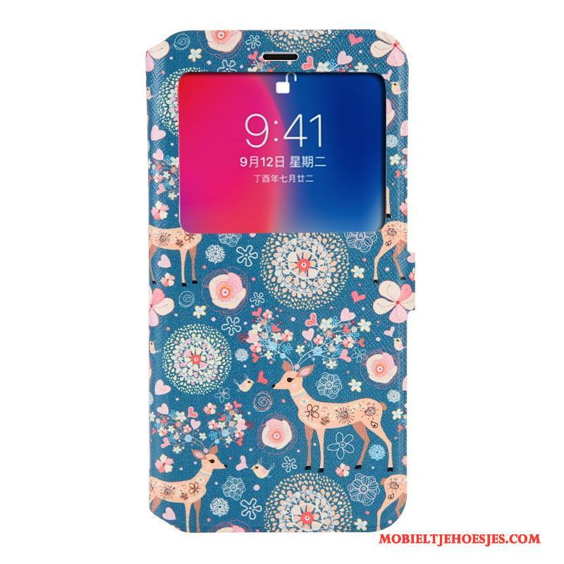 iPhone X Hoes Leren Etui Siliconen Blauw Clamshell Geschilderd Hoesje Telefoon