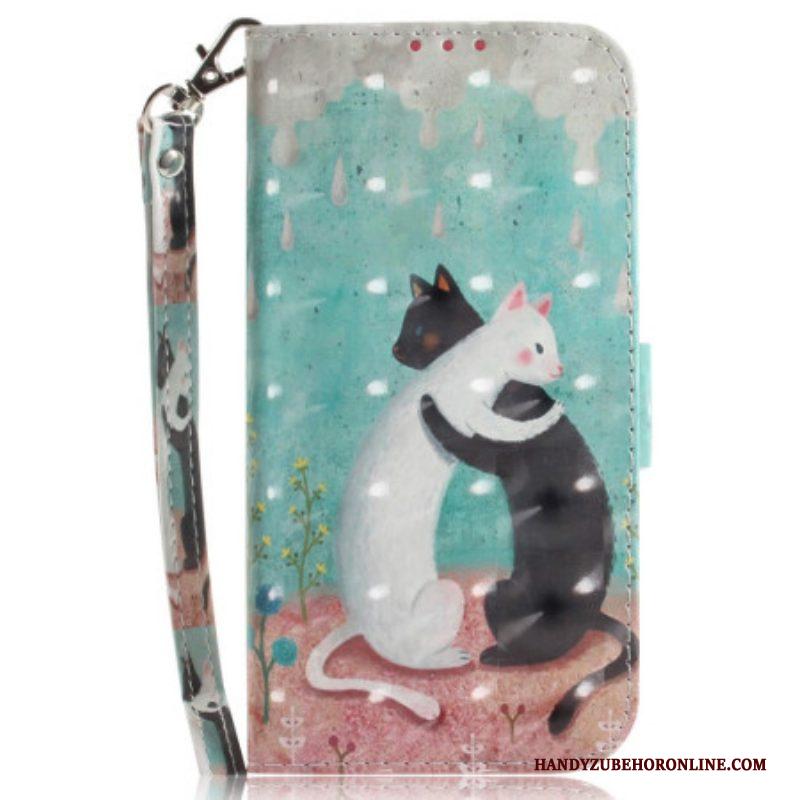 Flip Case voor Xiaomi 12 / 12X Met Ketting Zwarte Kat Witte Kat Met Riem