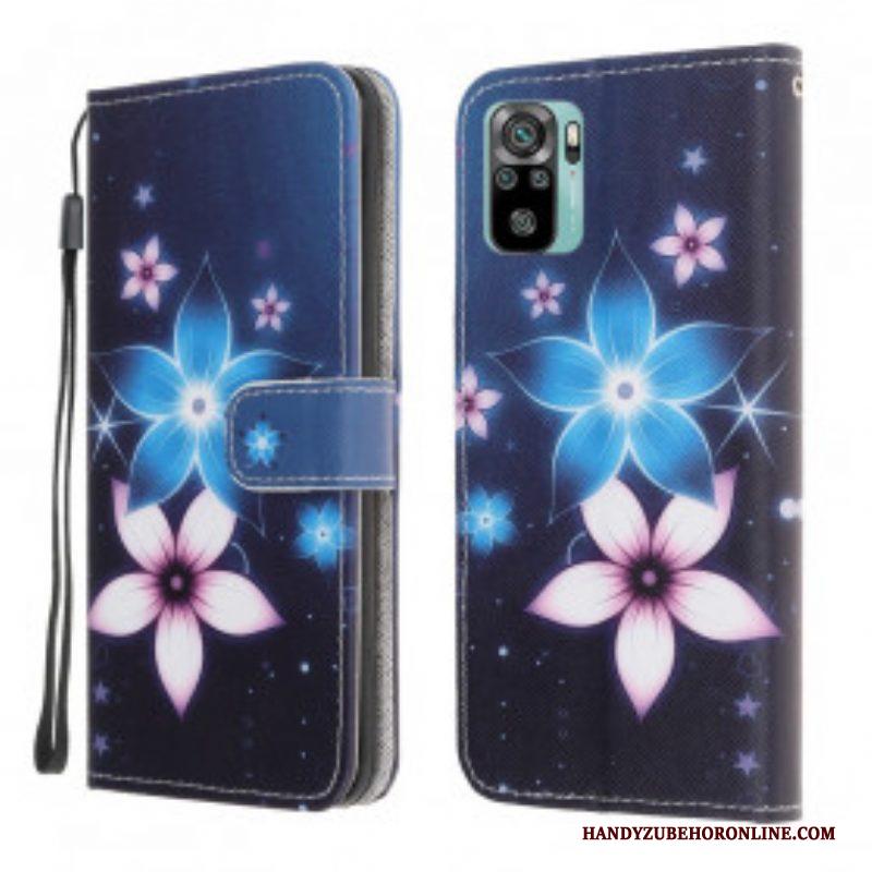 Flip Case voor Xiaomi Redmi Note 10 / 10S Met Ketting Maanband Bloemen