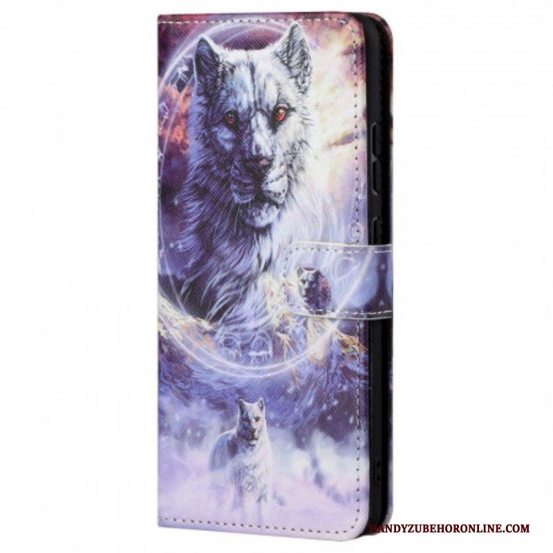 Flip Case voor Xiaomi Redmi Note 11 Pro / 11 Pro 5G Wolf In De Winter Met Sleutelkoord