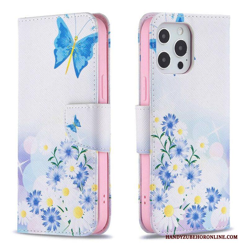 Flip Case voor iPhone 13 Pro Max Geschilderde Vlinders En Bloemen