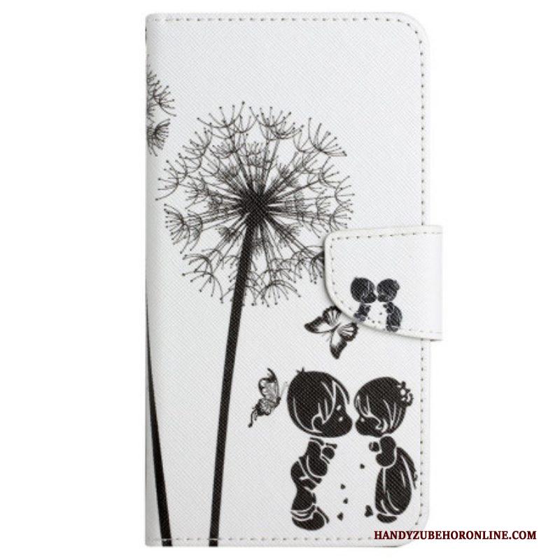 Flip Case voor iPhone 15 Met Ketting Paardenbloem Love Met Riempje