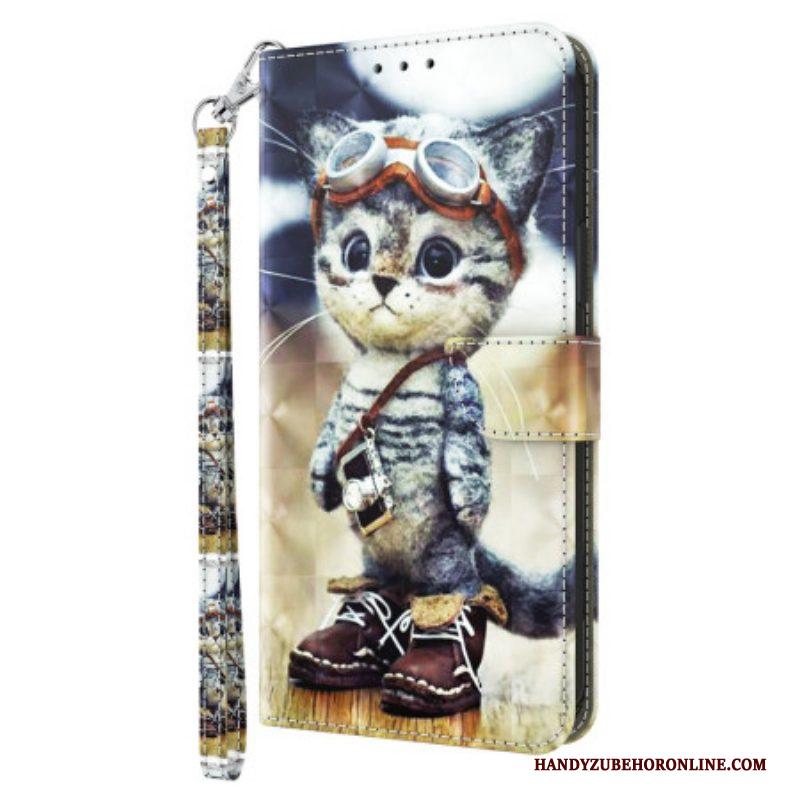 Flip Case voor iPhone 15 Pro Met Ketting Vliegenier Kat Met Riem