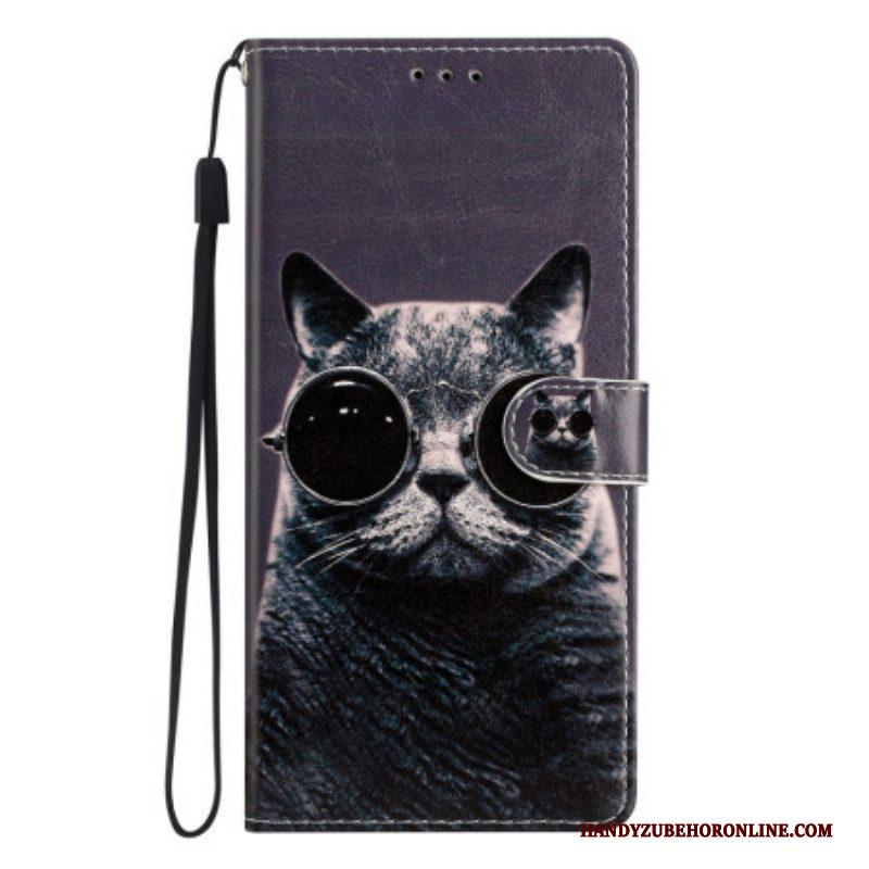 Folio-hoesje voor Moto G73 5G Met Ketting Bril Met Bandjes Cat