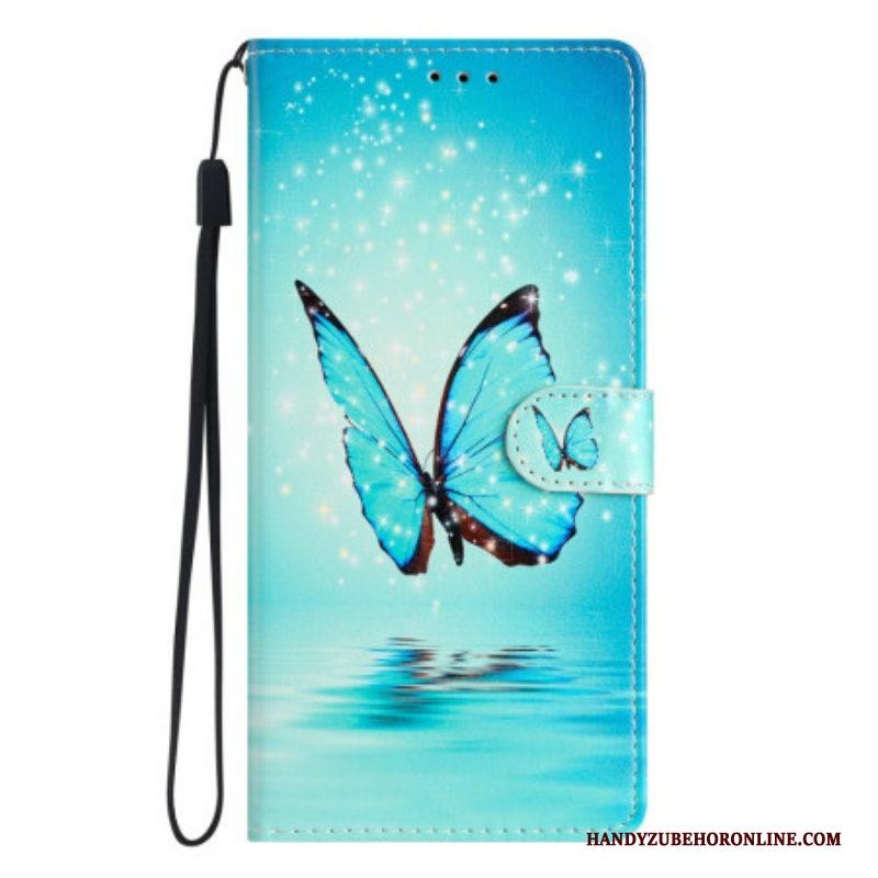 Folio-hoesje voor Samsung Galaxy A54 5G Met Ketting Blauwe Vlinder Met Riem