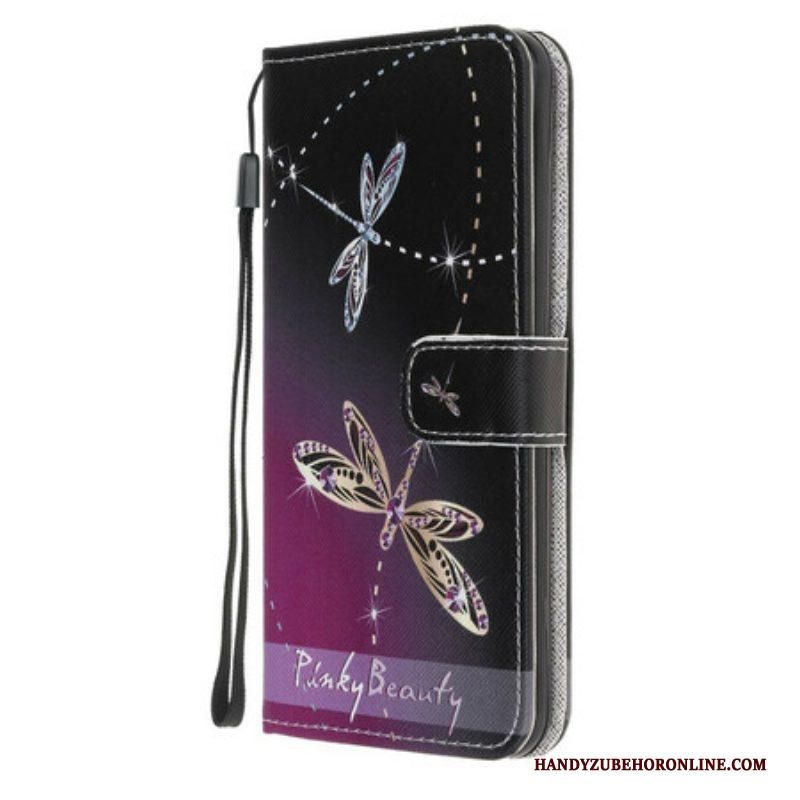 Folio-hoesje voor Samsung Galaxy M12 / A12 Met Ketting Strappy Libellen