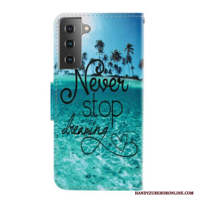 Folio-hoesje voor Samsung Galaxy S21 Plus 5G Met Ketting Stop Nooit Met Dromen In Marineblauwe Bandjes