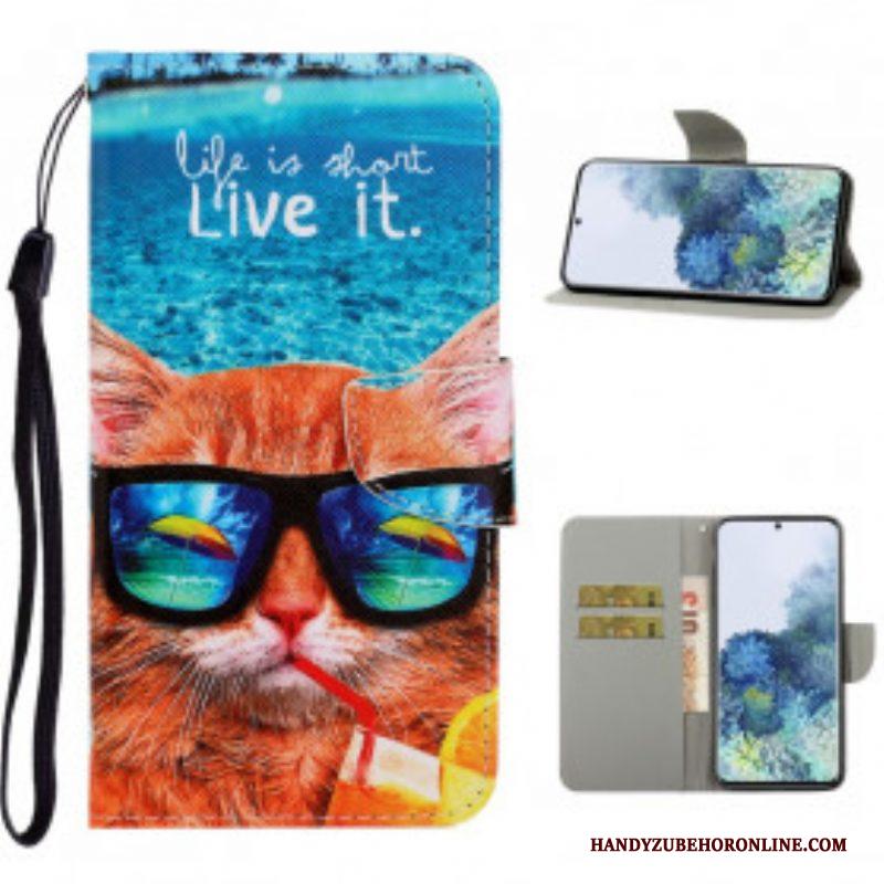 Folio-hoesje voor Samsung Galaxy S21 Ultra 5G Met Ketting Kat Live It Strappy