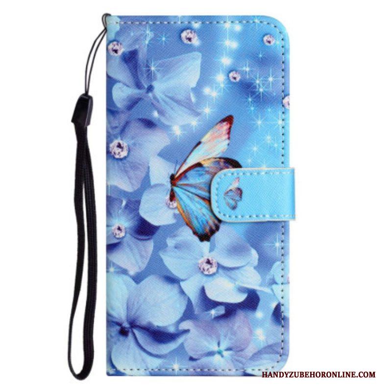 Folio-hoesje voor Samsung Galaxy S23 5G Met Ketting Strappy Diamanten Vlinders