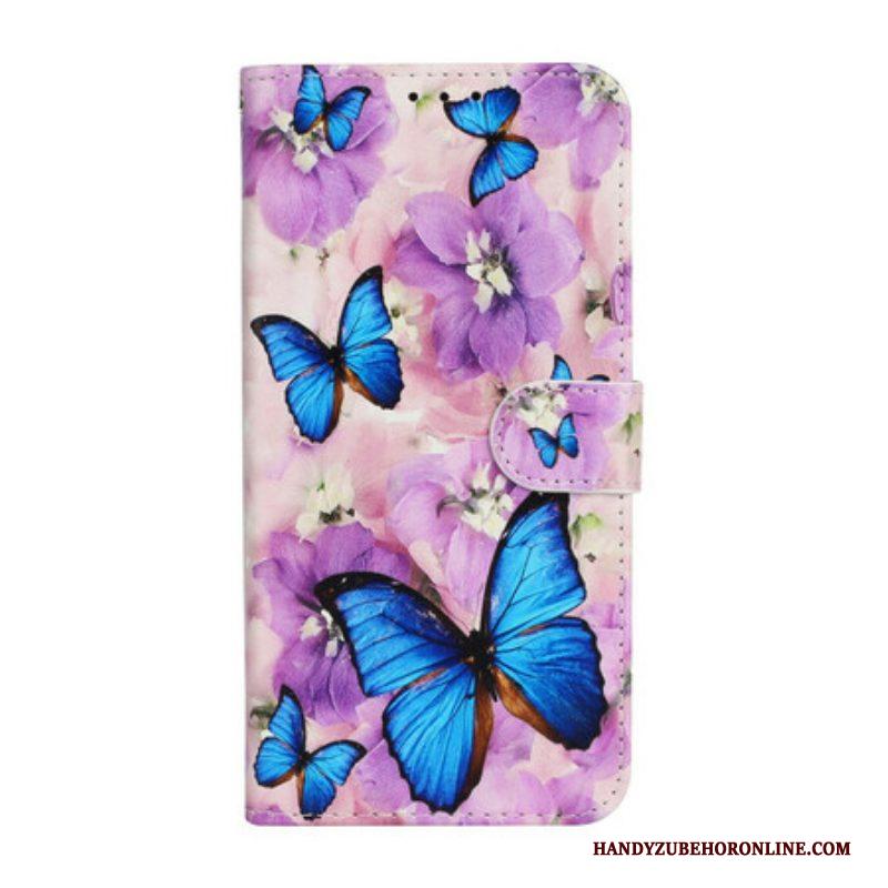 Folio-hoesje voor iPhone 13 Mini Blauwe Vlinders In Bloemen