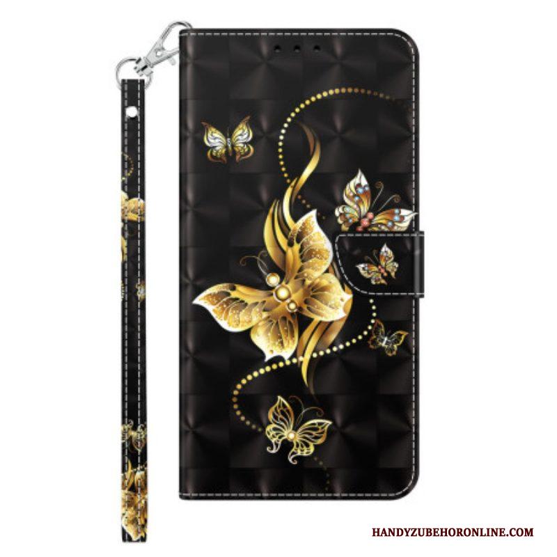 Folio-hoesje voor iPhone 14 Met Ketting Gouden Vlinders Met Riem