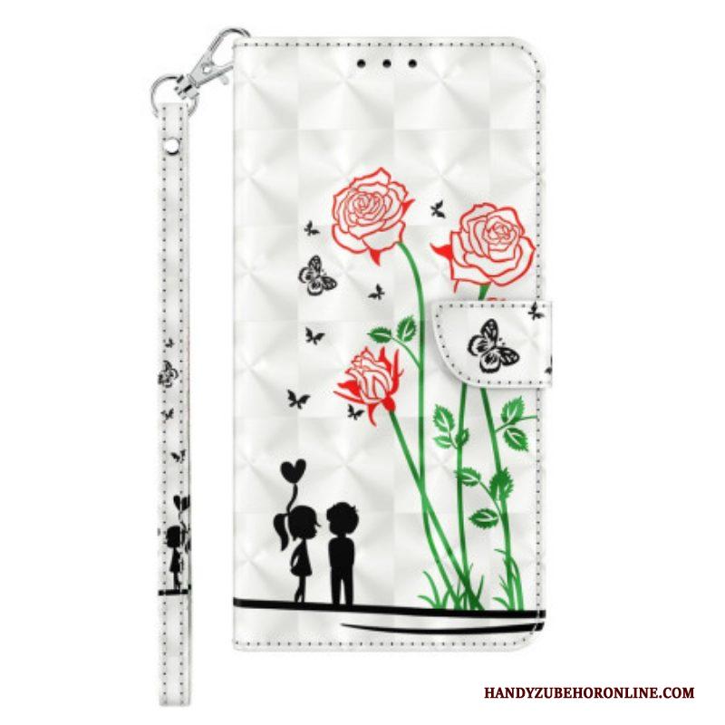 Folio-hoesje voor iPhone 14 Pro Met Ketting Lanyard Liefde Paardebloemen