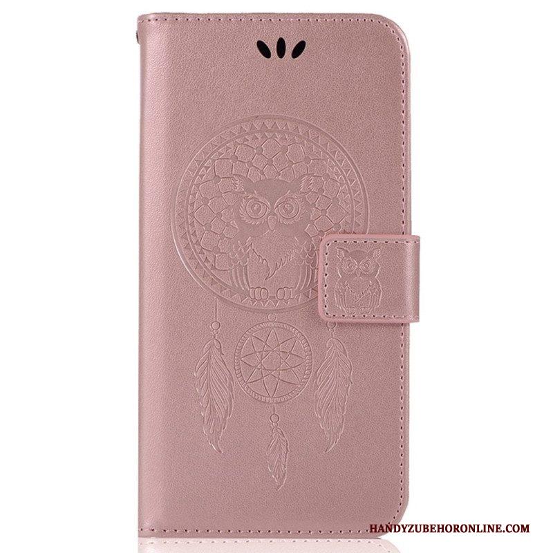 Folio-hoesje voor iPhone 14 Pro Met Ketting Uil Dromenvanger Met Riem