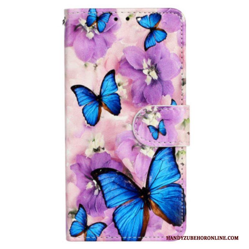 Folio-hoesje voor iPhone 15 Met Ketting Kleine Blauwe Vlinders Met Riempje