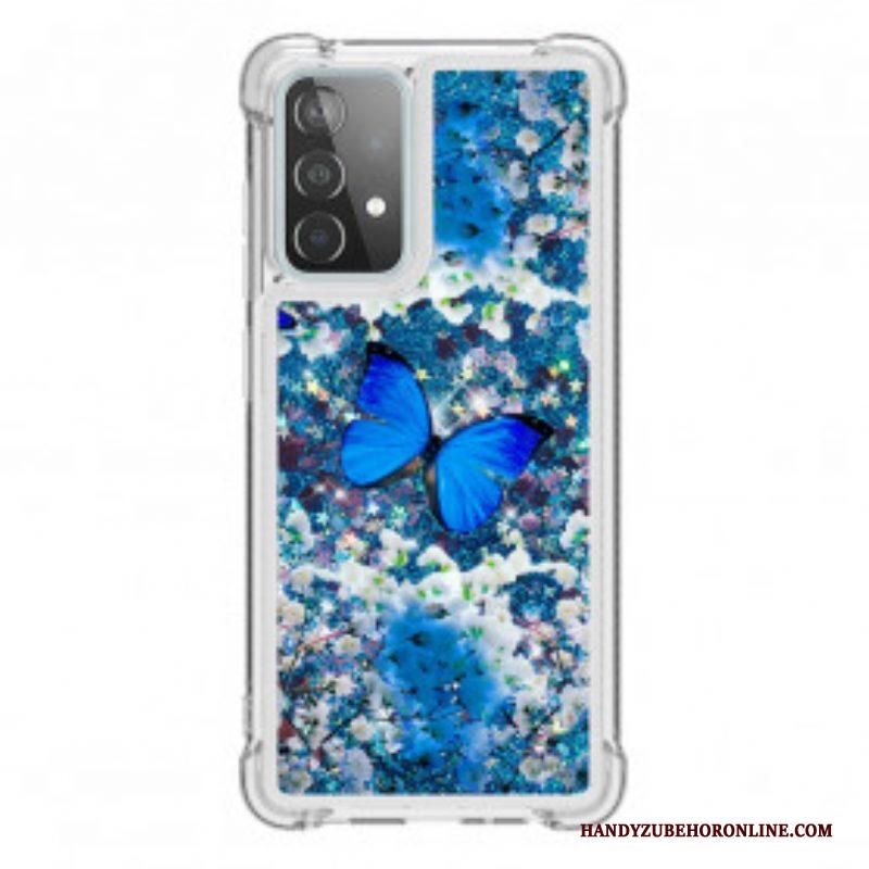 Hoesje voor Samsung Galaxy A52 4G / A52 5G / A52s 5G Glitter Blauwe Vlinders