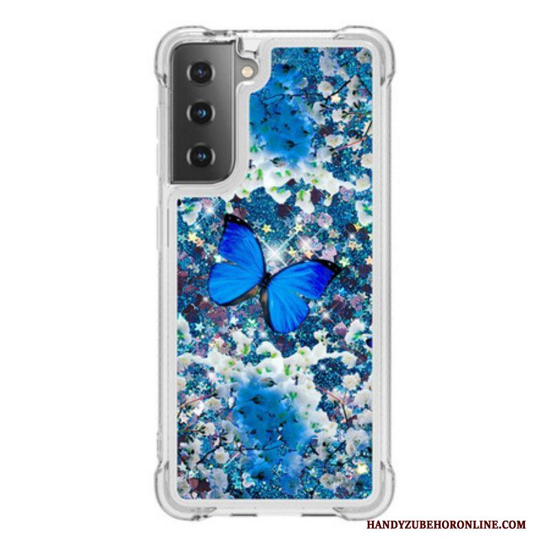 Hoesje voor Samsung Galaxy S21 5G Glitter Blauwe Vlinders