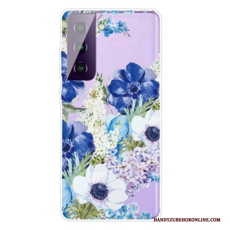 Hoesje voor Samsung Galaxy S21 FE Waterverf Blauwe Bloemen
