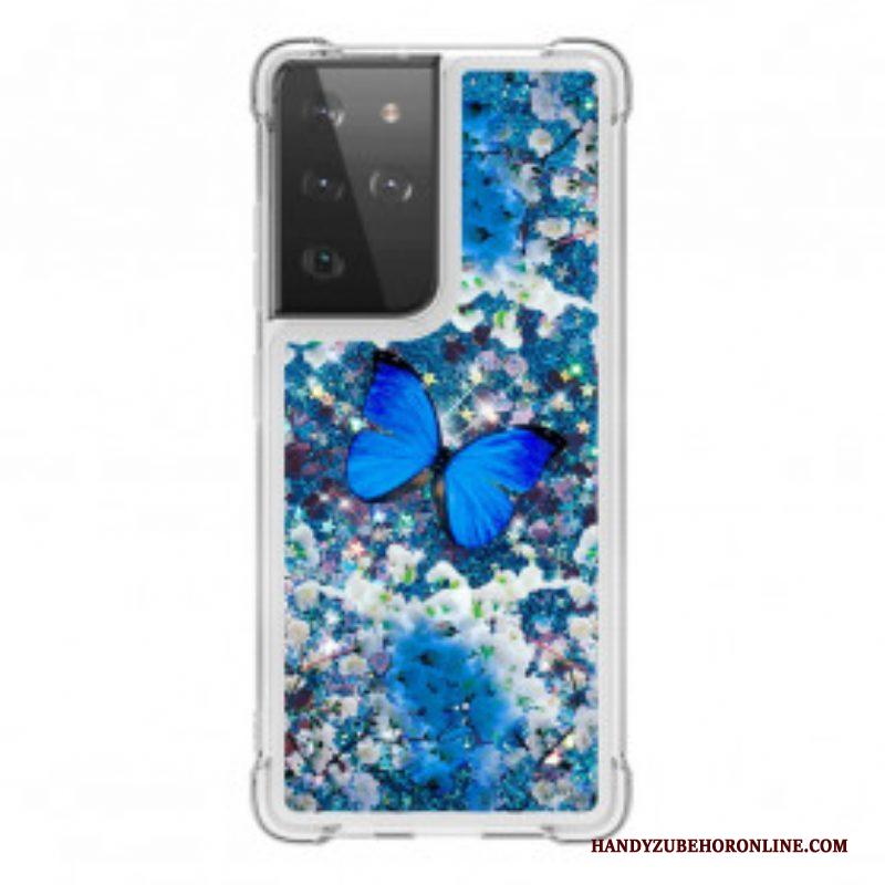 Hoesje voor Samsung Galaxy S21 Ultra 5G Glitter Blauwe Vlinders